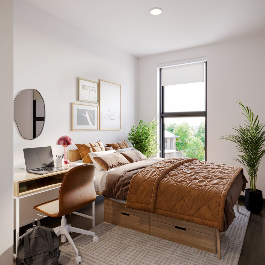 EVER West Lafayette VIP home bedroom with large winder, recessed lighting, and modern furnishings