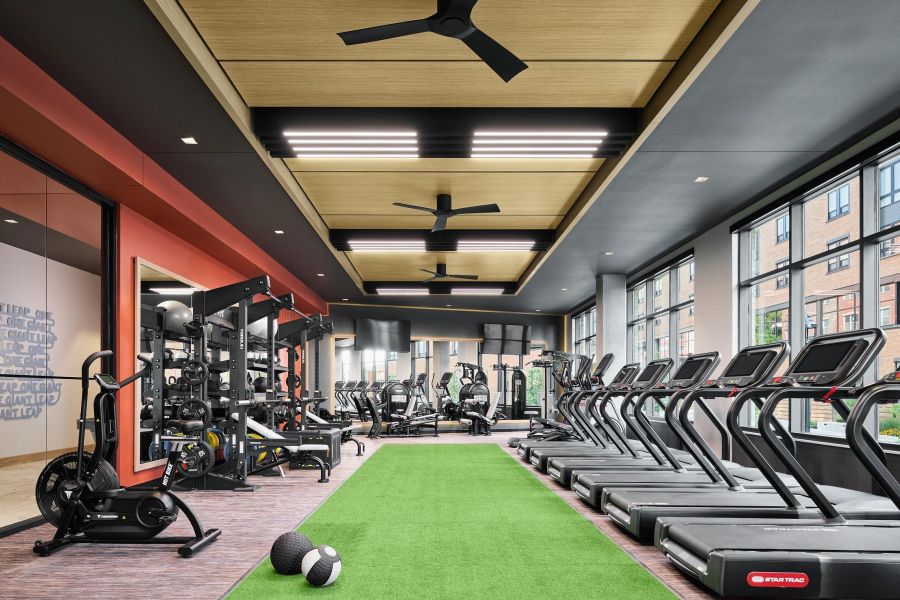 Ever West Lafayette modern gym with treadmills, weight machines, a green turf strip, and large windows letting in natural light.