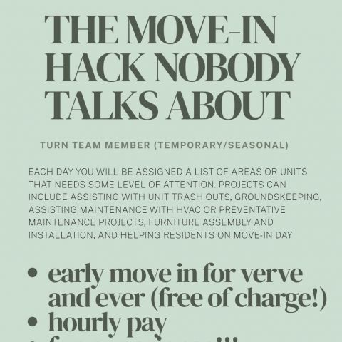 Get paid while helping prepare Verve + Ever West Lafayette for move-in. Plus, enjoy perks like FREE early move-in and a fun team environment!

✨ Perks include:
• Free early move-in at Verve or Ever
• Hourly pay
• Great experience working with our team

📲 The application link is in our bio and on our story :D