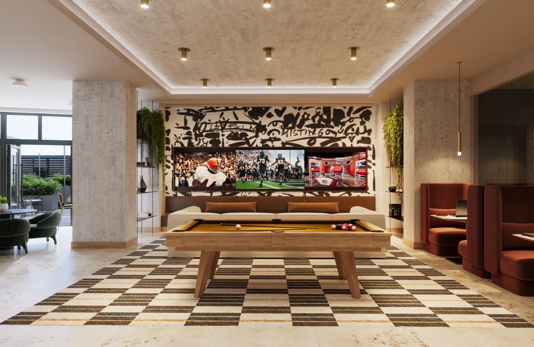 EVER West Lafayette club room with pool table and checkered floor