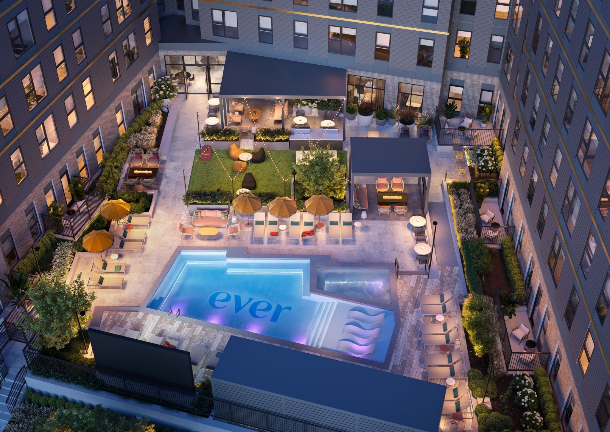 EVER West Lafayette birds eye view rendering of outdoor courtyard with pool and green lounge area surrounded by apartments
