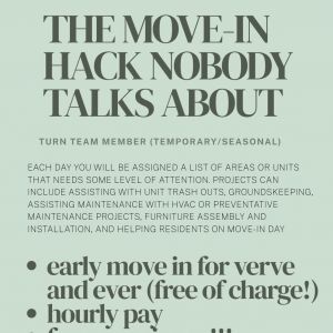 Get paid while helping prepare Verve + Ever West Lafayette for move-in. Plus, enjoy perks like FREE early move-in and a fun team environment!

✨ Perks include:
• Free early move-in at Verve or Ever
• Hourly pay
• Great experience working with our team

📲 The application link is in our bio and on our story :D
