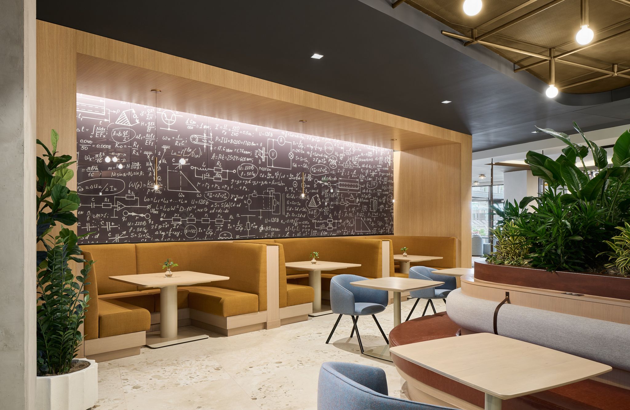 Cafetería moderna con mesas con banquetas, plantas y una gran pizarra cubierta de dibujos y fórmulas científicas.